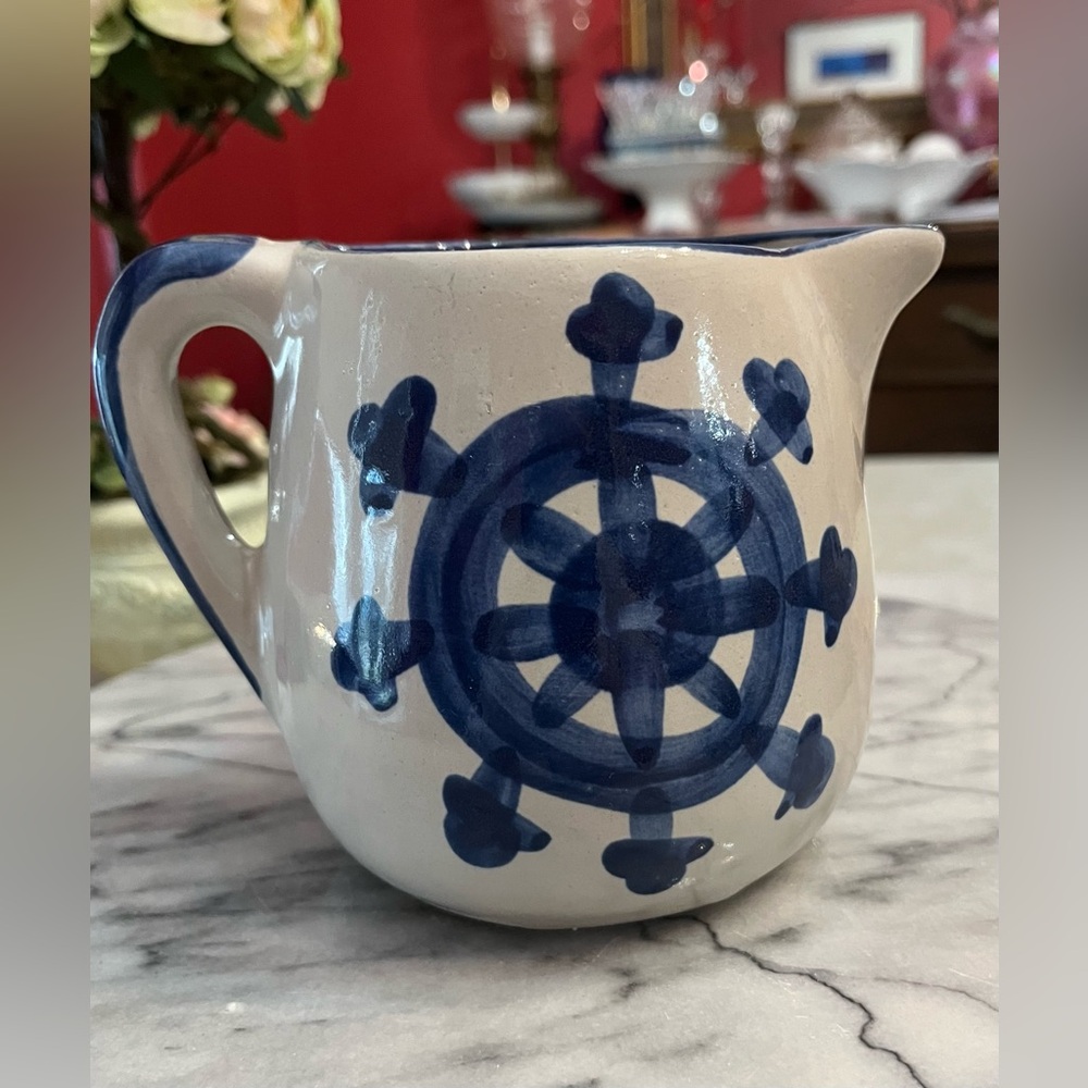 Louisville Stoneware Pottery Pitcher Blue At the Helm Steering Wheel Nautical - Picture 3 of 12